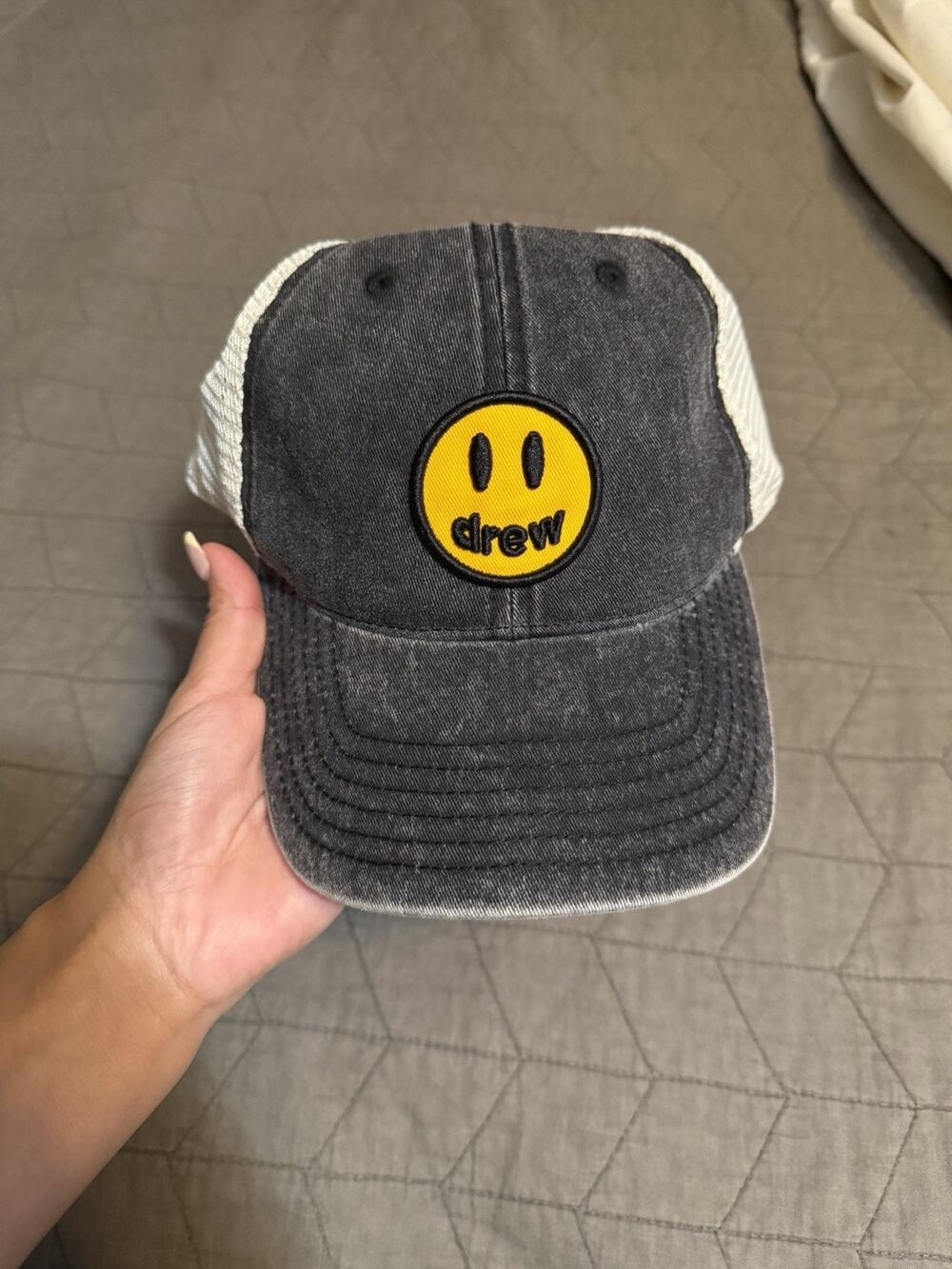 drew Smiley Logo Trucker Hat Mesh Back Black/White/Yellow One Size